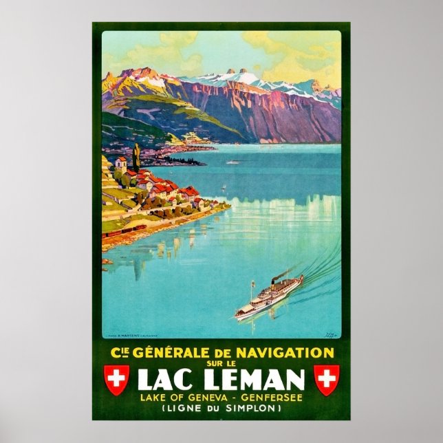 Póster Lago de Ginebra, vista aérea, Suiza, vintage (Frente)