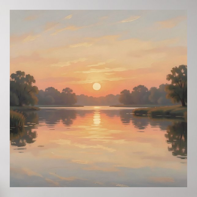 Póster Lago de la hora dorada reflejo impresionista  (Frente)