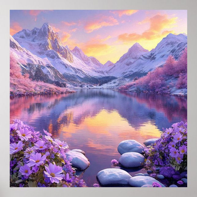 Póster Lago de montaña al amanecer (Frente)