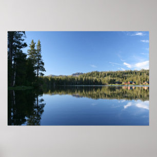 Póster Lago de Montaña, Bosque, Cabinas, Dusk
