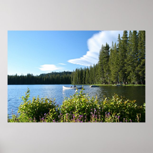 Póster Lago de Montaña, Canoa, Flores Silvestres (Frente)