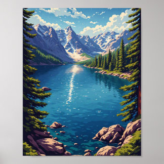 Póster Lago de montaña con bosque de pinos y orilla rocos