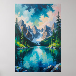 Póster Lago de montaña con reflexión de bosque de pinos e