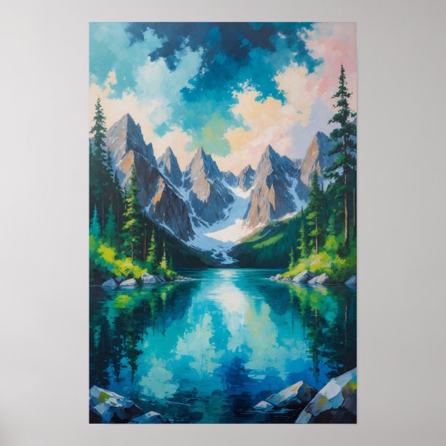 Póster Lago de montaña con reflexión de bosque de pinos e (Frente)