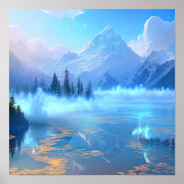 Póster Lago De Montaña Encantado, Una Mística Azul Mítica (Frente)