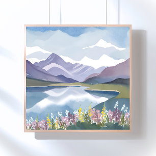 Póster Lago de Montaña Paisaje de Acuarela Floral