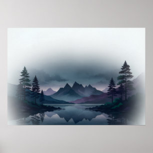 Póster Lago de montaña púrpura azul verdoso brumoso paisa