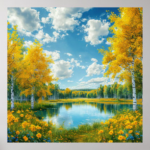 Póster Lago de otoño con vista tranquila de árbol dorado