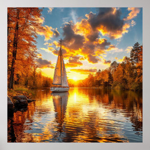 Póster Lago de otoño y barca