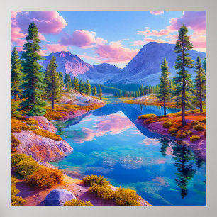 Póster 💙 Lago del Bosque de las Montañas Azules Brumosas