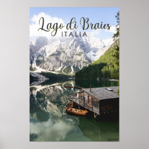 Póster Lago di Braies Italy Travel Art Vintage