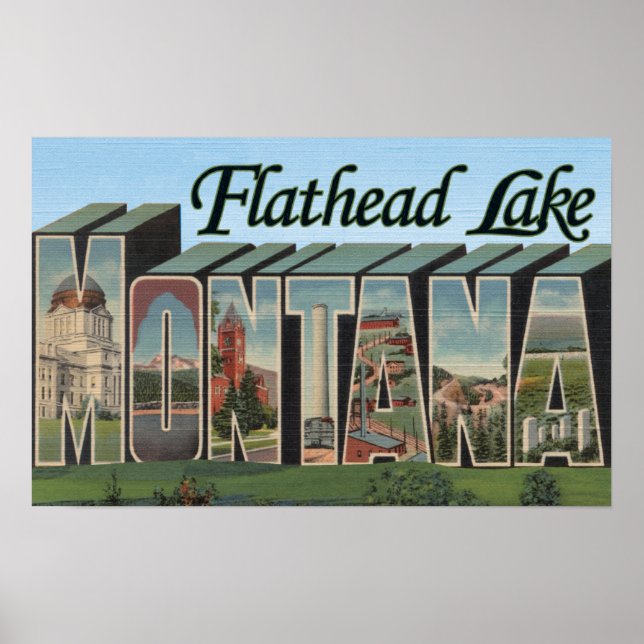 Póster Lago Flathead, Montana - Escenas de letras grandes (Frente)