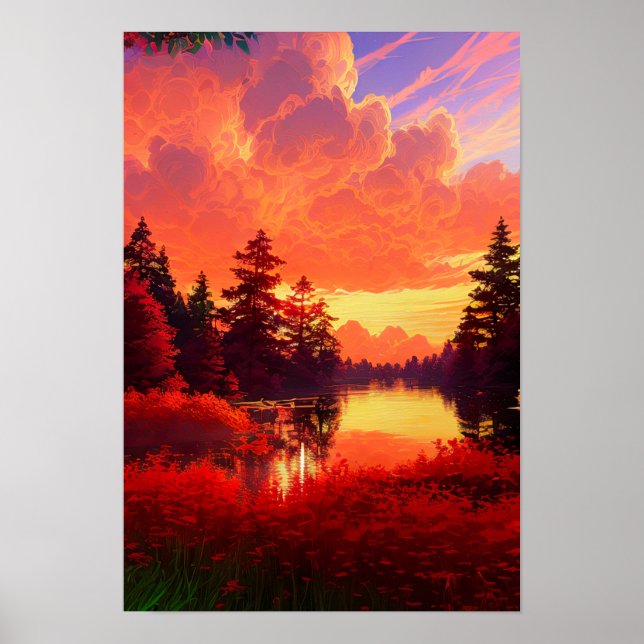 Póster Lago Forestal azotado por el atardecer rojo (Frente)