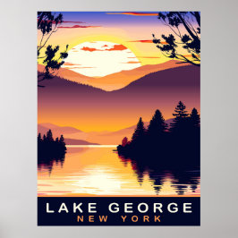 Póster Lago George, NY, Atardecer Romántico, Viaje