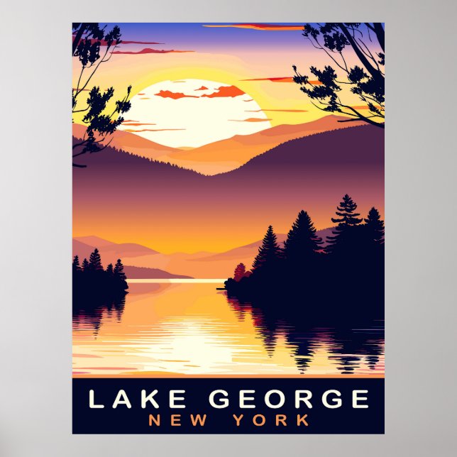 Póster Lago George, NY, Atardecer Romántico, Viaje (Frente)