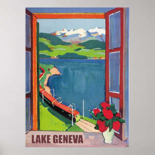 Póster Lago Ginebra, ferrocarril, vista desde la ventana