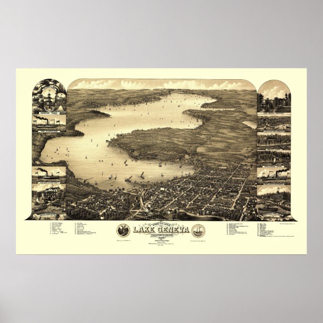 Póster Lago Ginebra, Mapa Panorámico de la Primera Guerra (Frente)