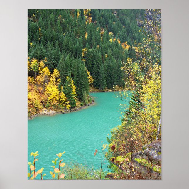 Póster Lago Glacial Turquesa-Verde en otoño (Frente)