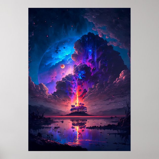 Póster Lago Insular con el dramático Planeta Azul Púrpura (Frente)