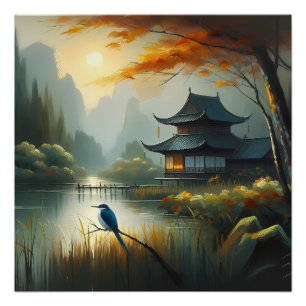 Póster Lago Japón Pájaro 1 - Lienzo