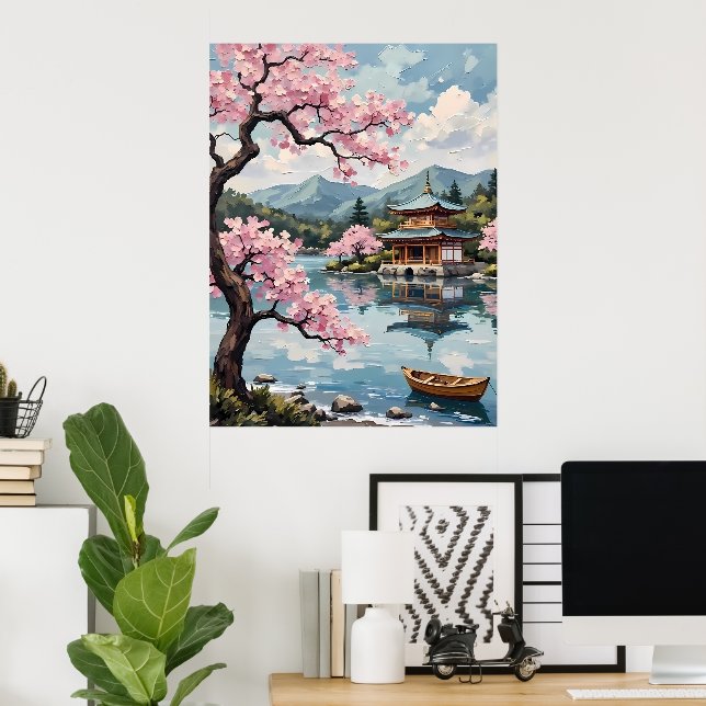 Póster Lago japonés con flores de cerezo (Oficina en casa)