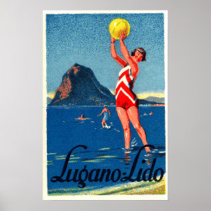 Póster Lago Lugano, playa, chica con bola de playa, vinta
