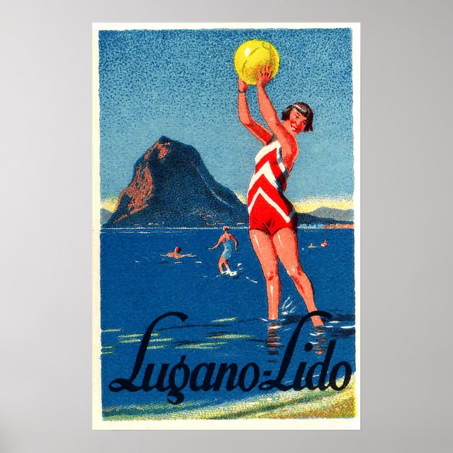 Póster Lago Lugano, playa, chica con bola de playa, vinta (Frente)