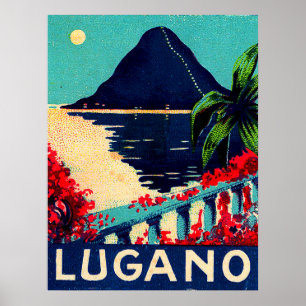 Póster Lago Lugano, Suiza, vista de la terraza del hotel