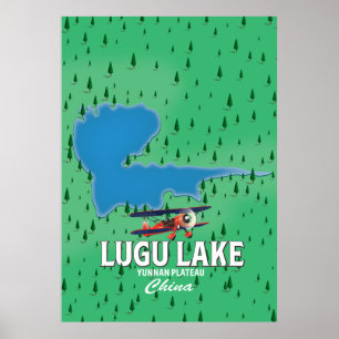 Póster Lago Lugu, meseta de Yunnan, mapa de China