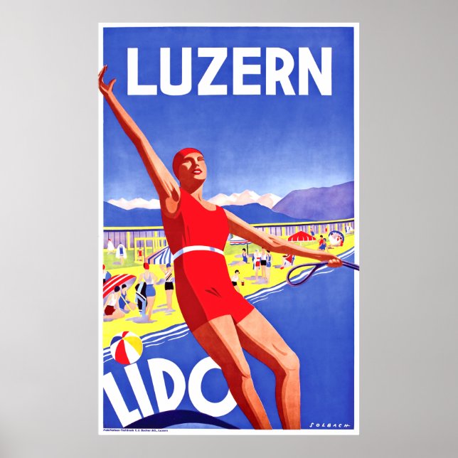 Póster Lago Luzern, lido, hombre de esquí acuático, viaje (Frente)