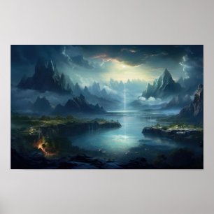 Póster Lago Místico y Valle de las Montañas — Fantasy Lan