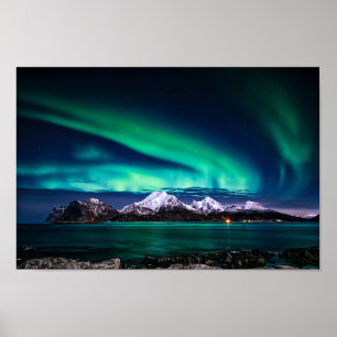 Póster Lago mountain de la nieve de luces de cielo de la