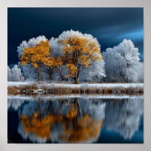 Póster Lago nevado del bosque de otoño transición de invi