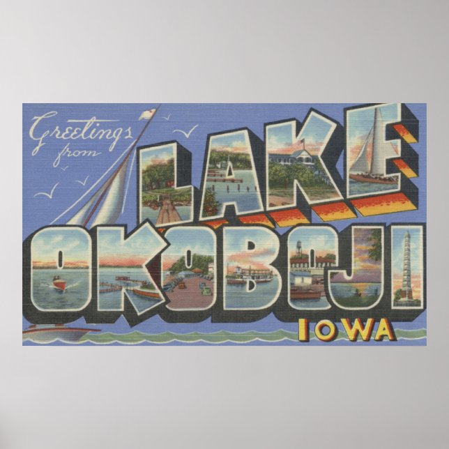 Póster Lago Okoboji, Iowa - Escenas de letras grandes (Frente)