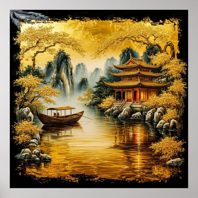 Póster Lago Oriental Dorado con Pagoda (Frente)