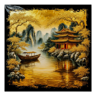 Póster Lago Oriental Dorado con una Pagoda