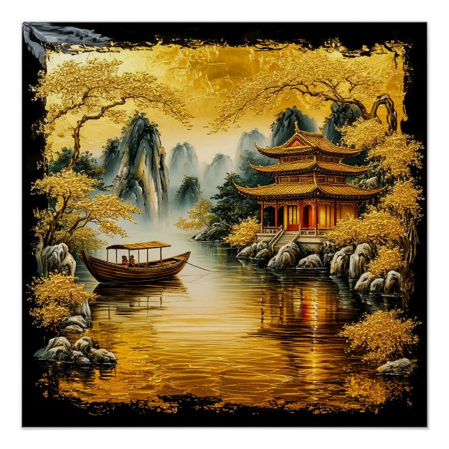 Póster Lago Oriental Dorado con una Pagoda (Anverso)