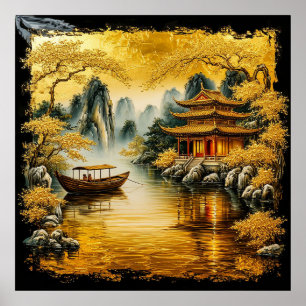 Póster Lago Oriental Dorado con una Pagoda