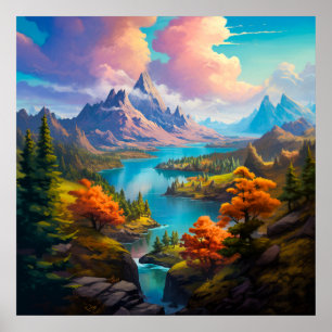 Póster Lago Otoño - Ilustracion de las Cuatro Estaciones