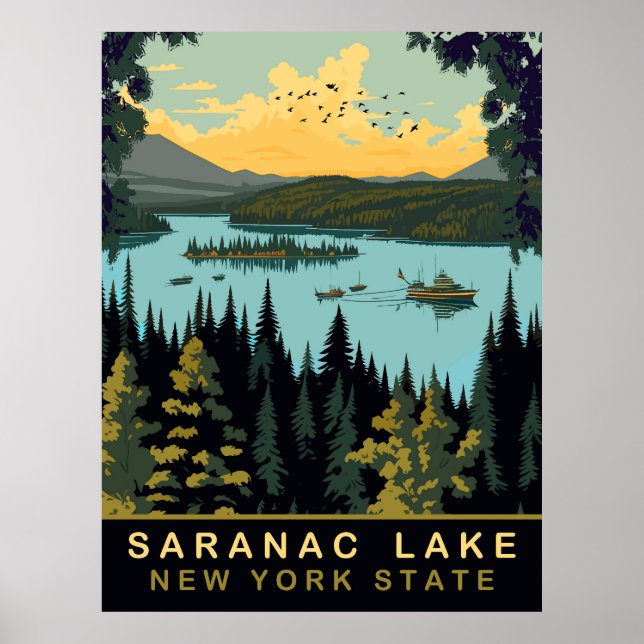Póster Lago Saranac, NY, Viajes Antiguos (Frente)