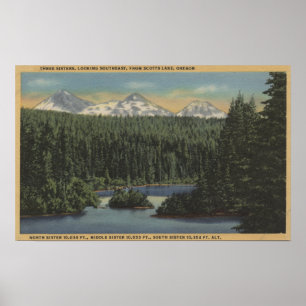 Póster Lago Scotts, Oregon - opinión tres hermanas
