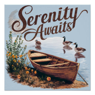 Póster Lago Sereno con Barco, Gansos y Flores Silvestres