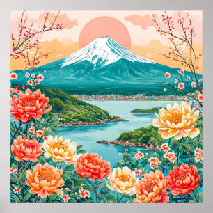 Póster 🌄 Lago Sereno de Montaña con Cima Nevada Flor