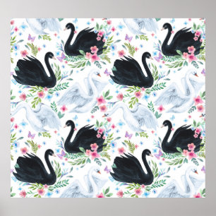 Póster Lago Swan: Patrón Pastel de acuarela.