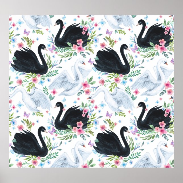 Póster Lago Swan: Patrón Pastel de acuarela. (Frente)