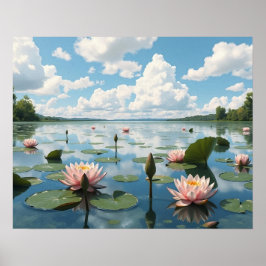 Póster Lago tranquilo con flores de lirio acuático y ciel