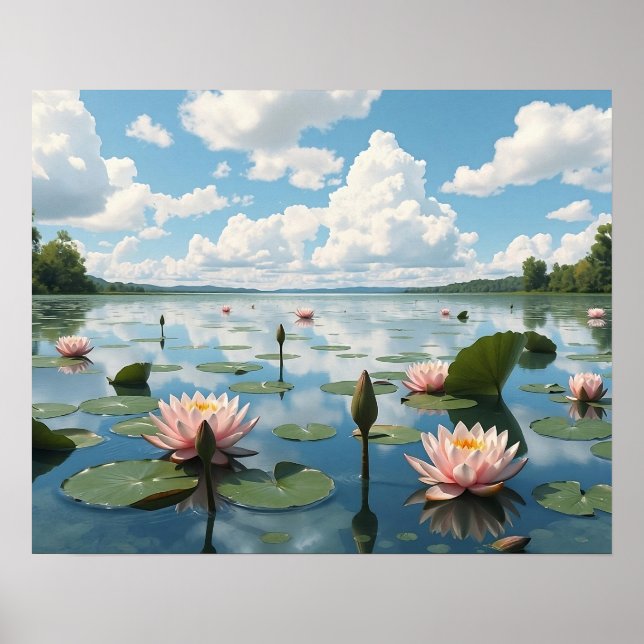 Póster Lago tranquilo con flores de lirio acuático y ciel (Frente)