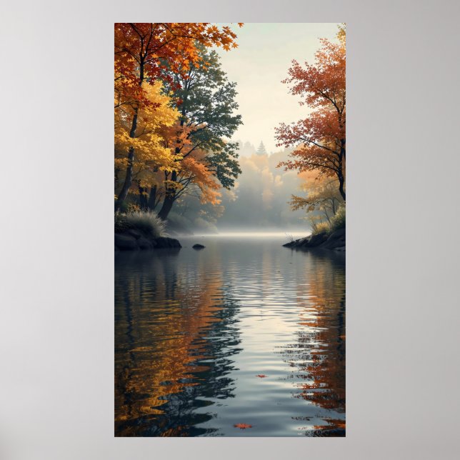 Póster lago tranquilo rodeado de árboles de otoño (Frente)
