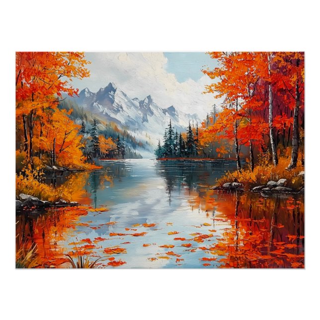 Póster Lago Tranquilo Rodeado de Árboles del Otoño (Anverso)