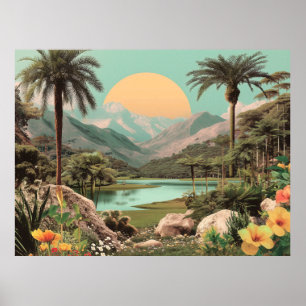 Póster Lago Tropical Surrealista con Palmeras